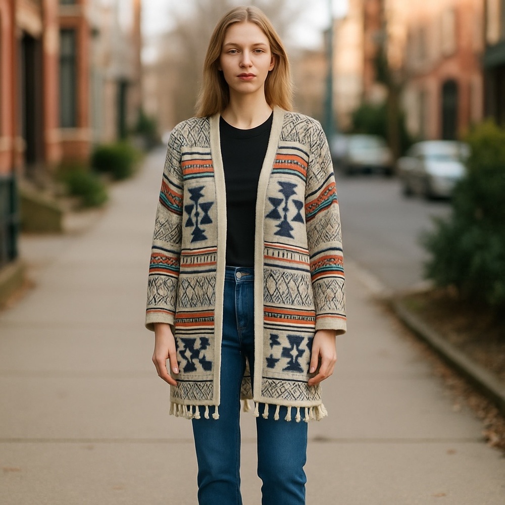 Ciao Milano Cardigan Off Shoulder Aztec Native Tassels‎ L